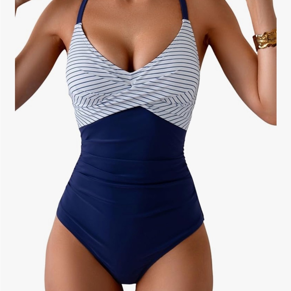 Navy and White Striped Women's Swimsuit